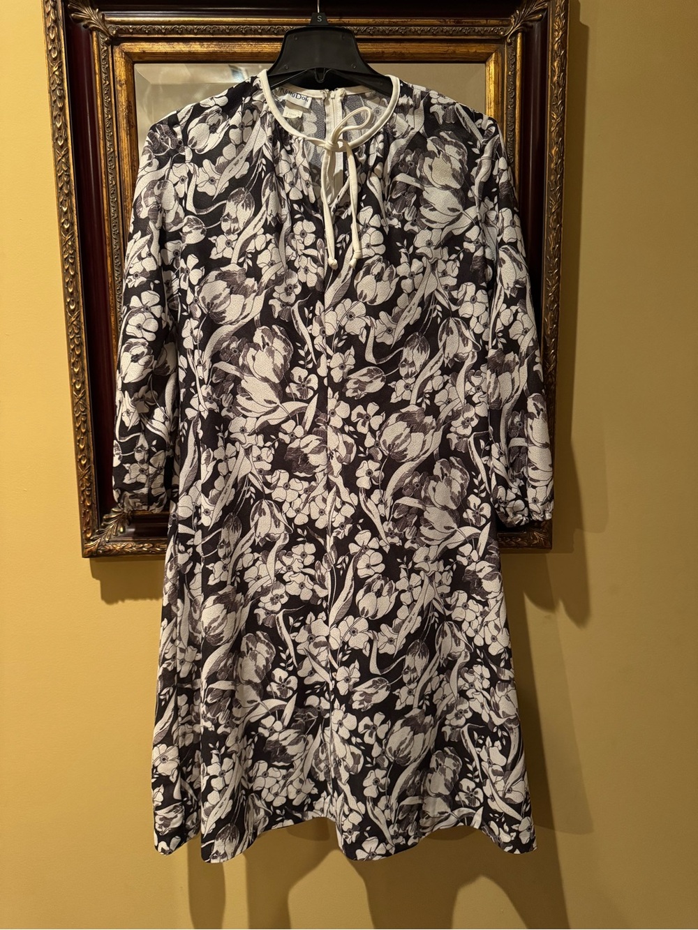 Vintage Nelly Don Shift Dress Black & White Floral Midi Back Zip w/ belt-Size18